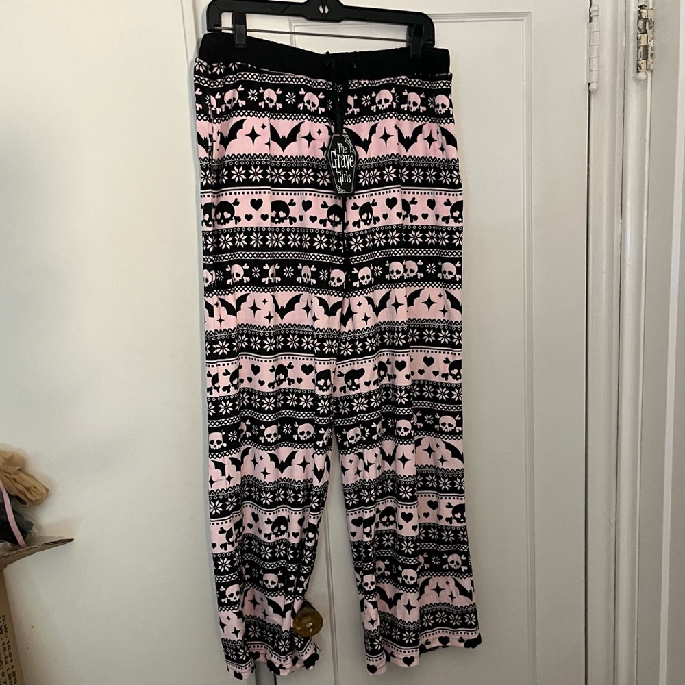 NWT - Dolls Kill x The Grave Girks Pink and Black Deck the Skulls Track Pants XL